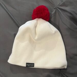 Women's White Winter Beanie with Scarlet Pom